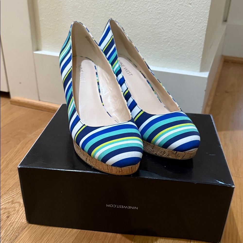 Nine West Blue and Green Striped Wedges